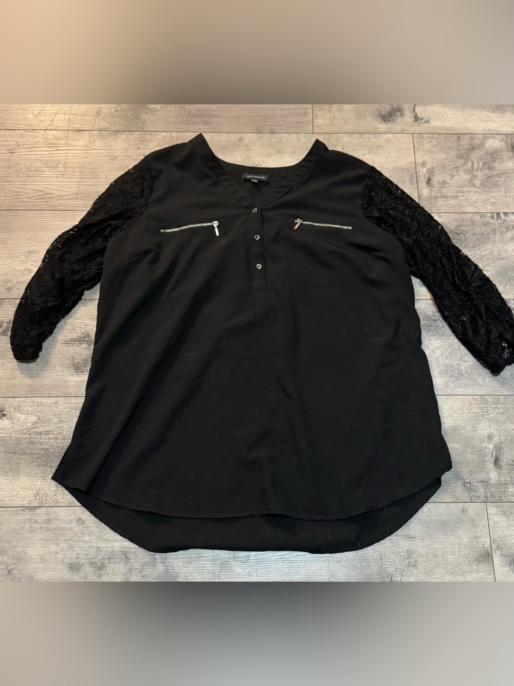 Warehouse One Black Lace-Sleeve Henley Top with Zip Accents, 3/4 Sleeves, 1X